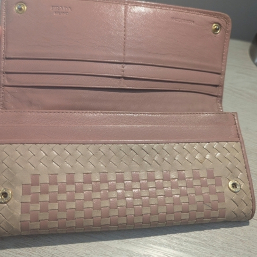 COA Prada Madras Woven Leather Continental Wallet in Blush Pink - Picture 8 of 16